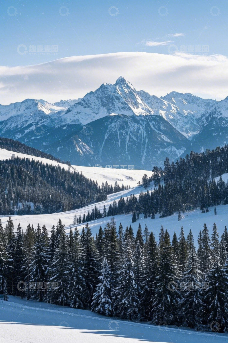 高清大图下载【趣麦麦图】雪山下的森林雪景风光