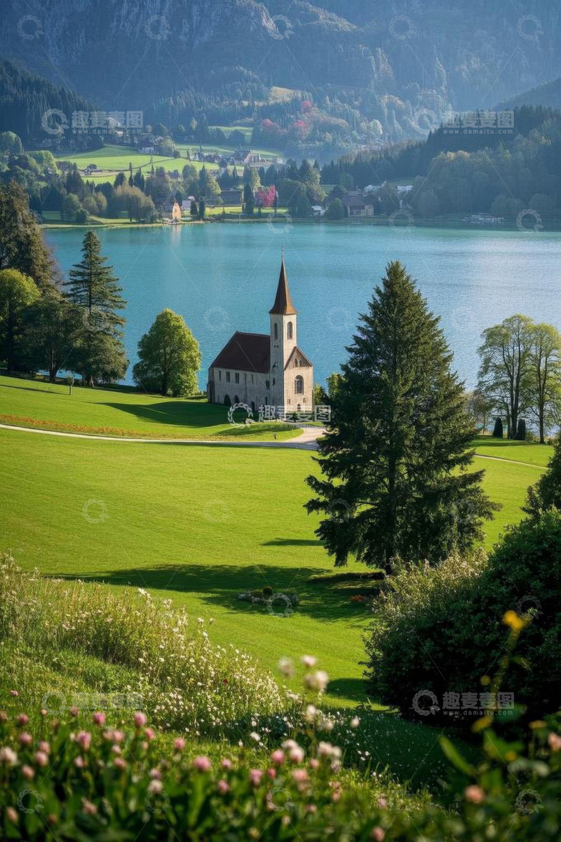 高清大图下载【趣麦麦图】湖畔教堂自然风光