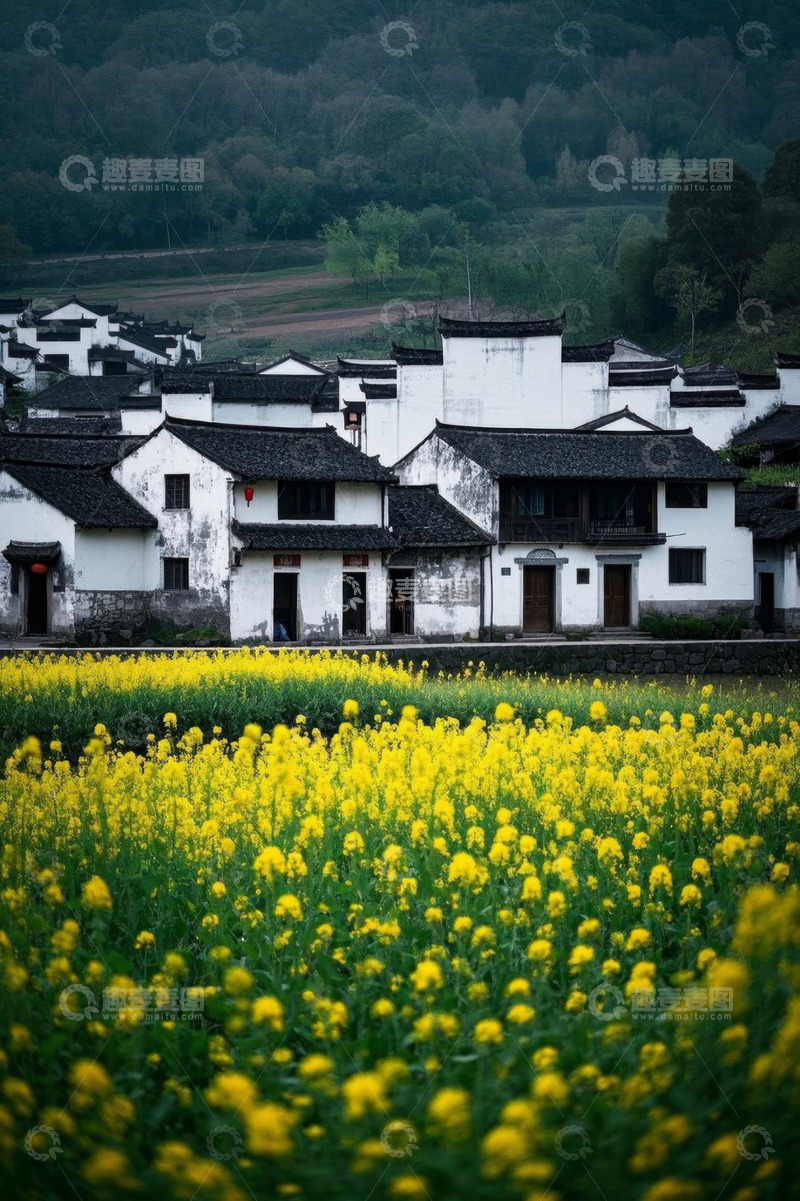 高清大图下载【趣麦麦图】油菜花田旁的传统村落