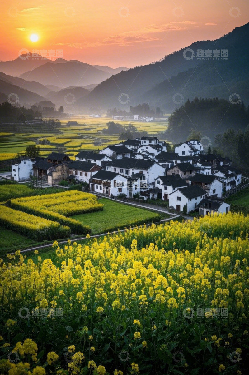 高清大图下载【趣麦麦图】婺源乡村油菜花田日落景象