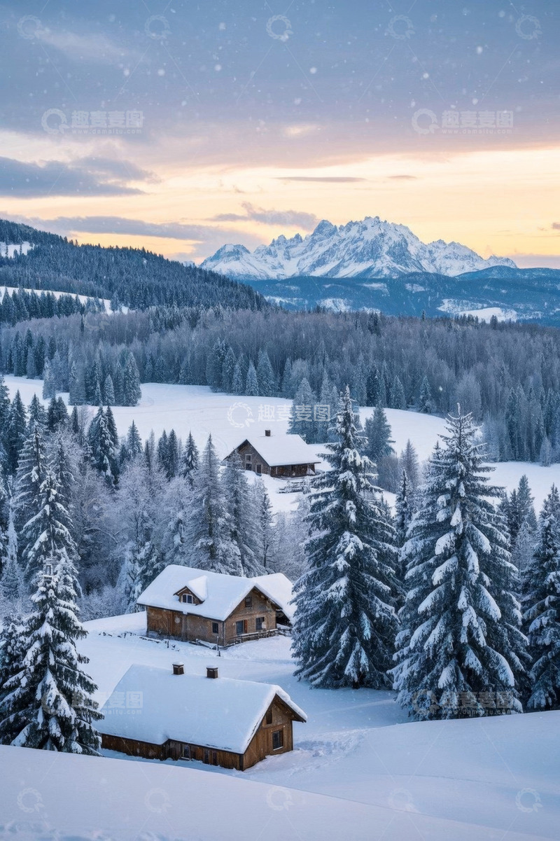 高清大图下载【趣麦麦图】雪中山林木屋风景