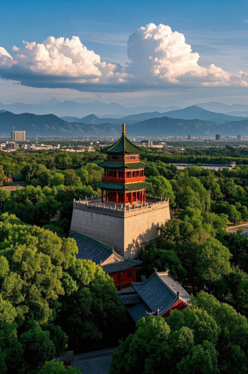 中式古建筑与自然景观鸟瞰