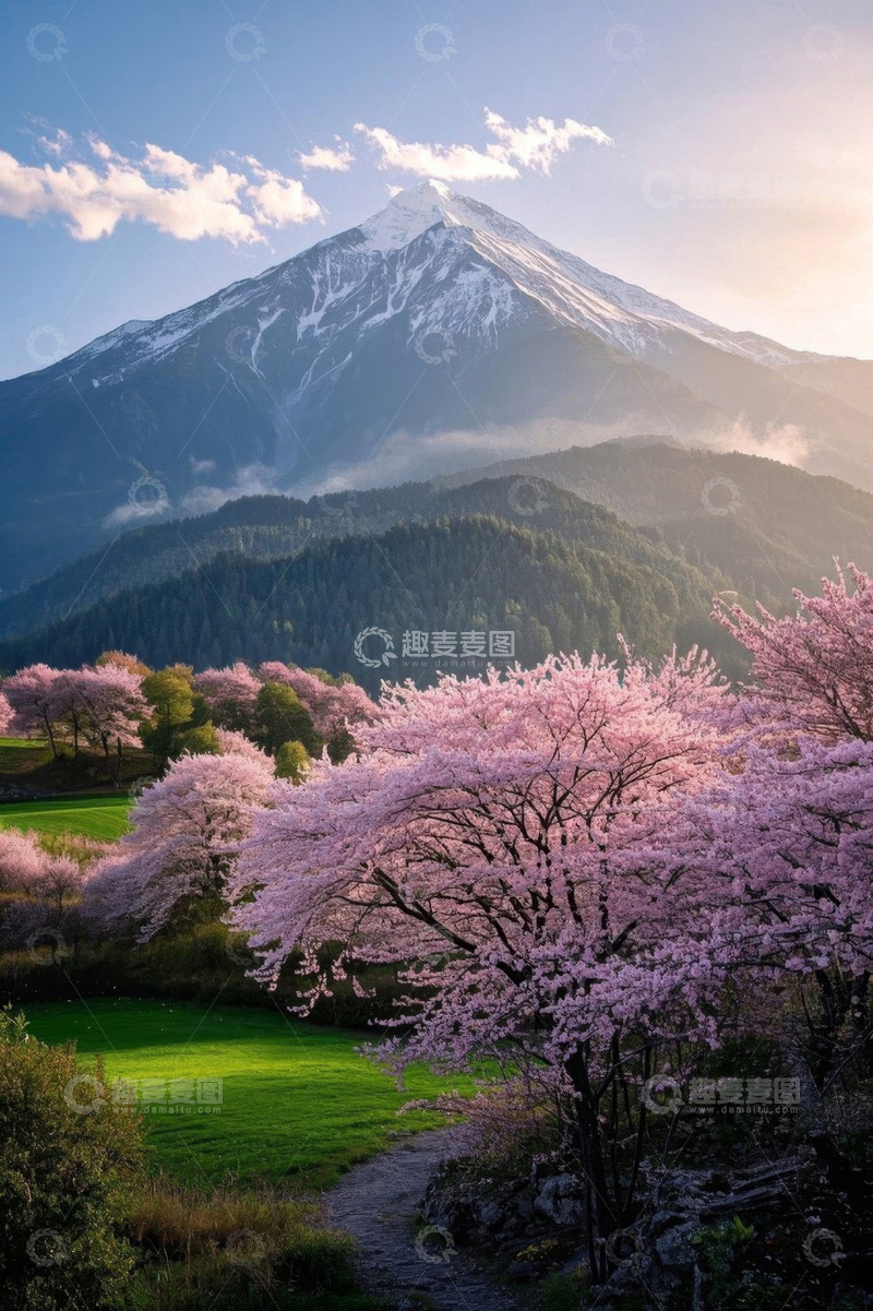 高清大图下载【趣麦麦图】雪山下盛开的粉色樱花景观