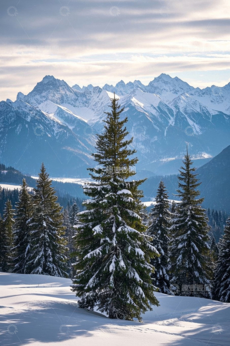 高清大图下载【趣麦麦图】雪山下的森林雪景