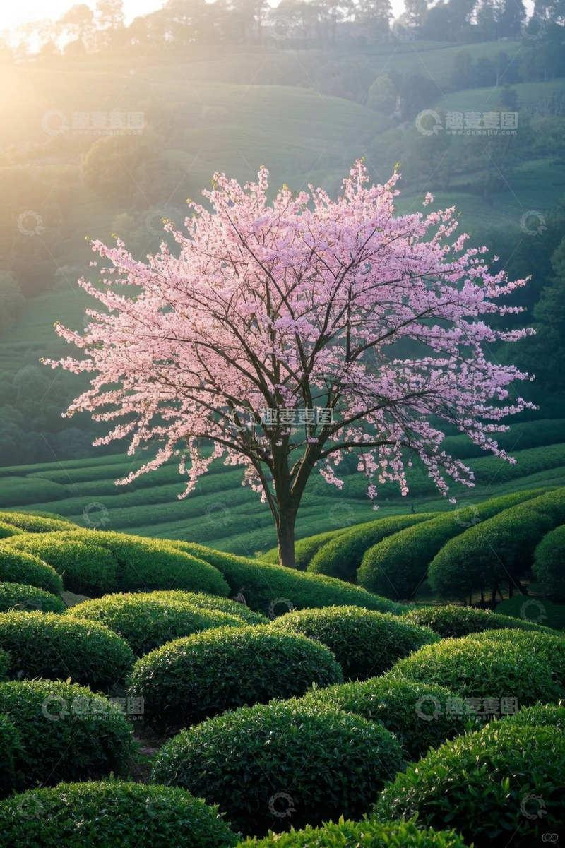 高清大图下载【趣麦麦图】茶园中盛开的樱花树
