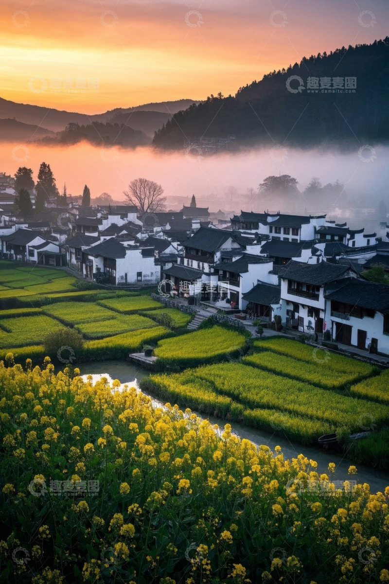 高清大图下载【趣麦麦图】乡村油菜花田与民居景色