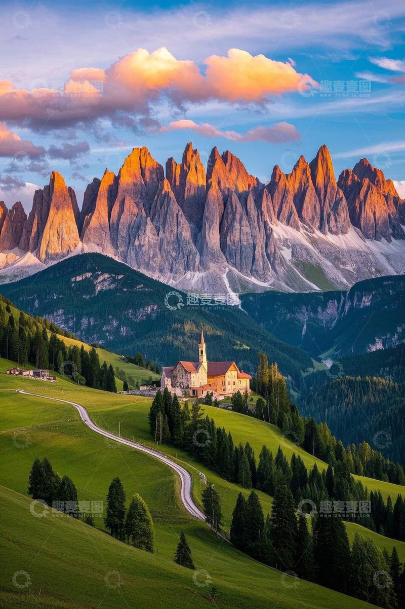 高清大图下载【趣麦麦图】阿尔卑斯山山谷中的教堂与风景