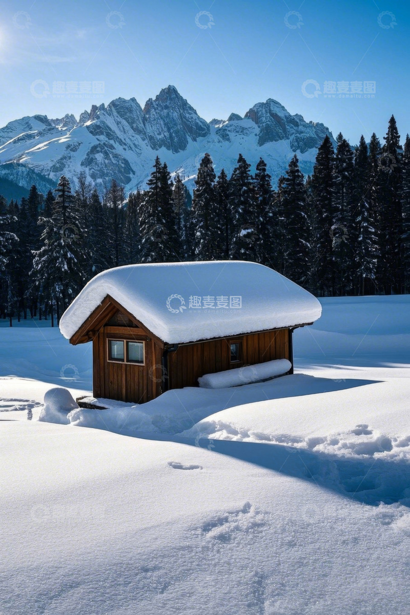 高清大图下载【趣麦麦图】雪中山间木屋自然风光