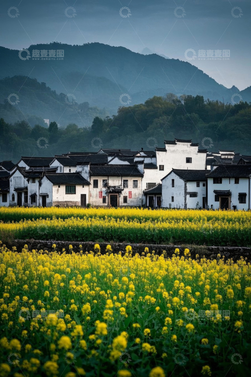 高清大图下载【趣麦麦图】乡村油菜花田与徽派建筑景观