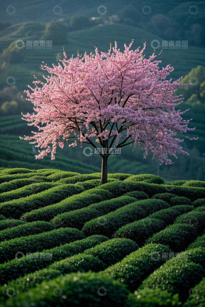 高清大图下载【趣麦麦图】茶园中的盛开樱花树
