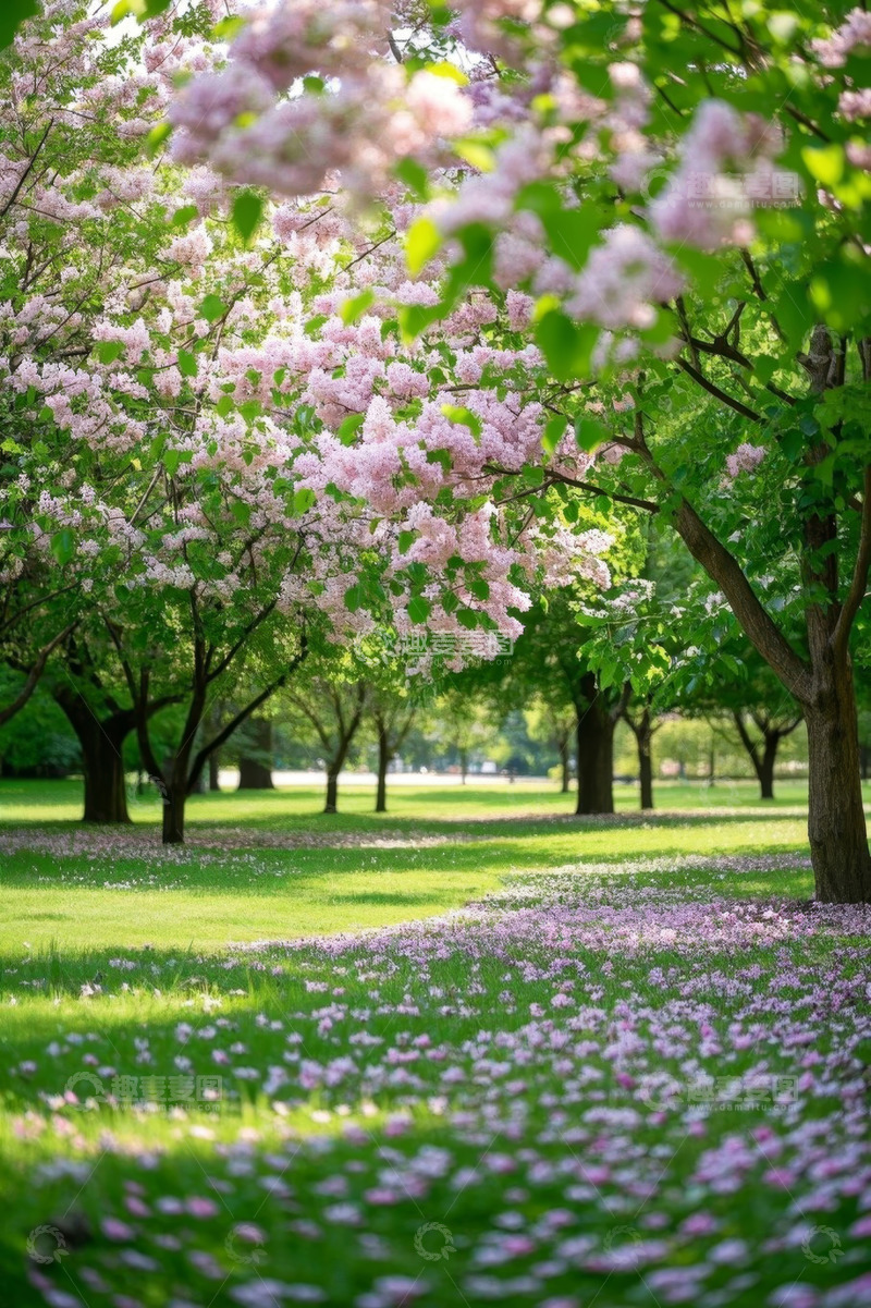 高清大图下载【趣麦麦图】公园盛开的樱花树与草地