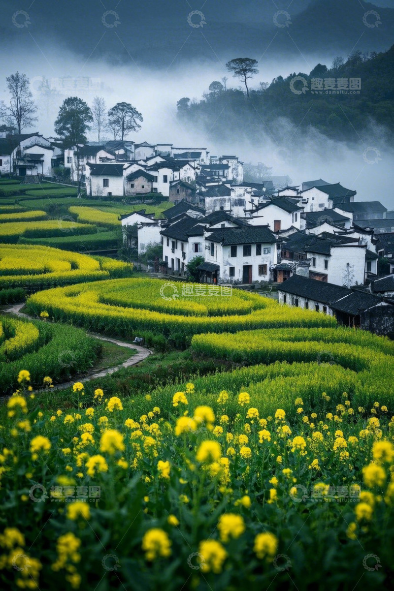 高清大图下载【趣麦麦图】婺源山村油菜花田风景