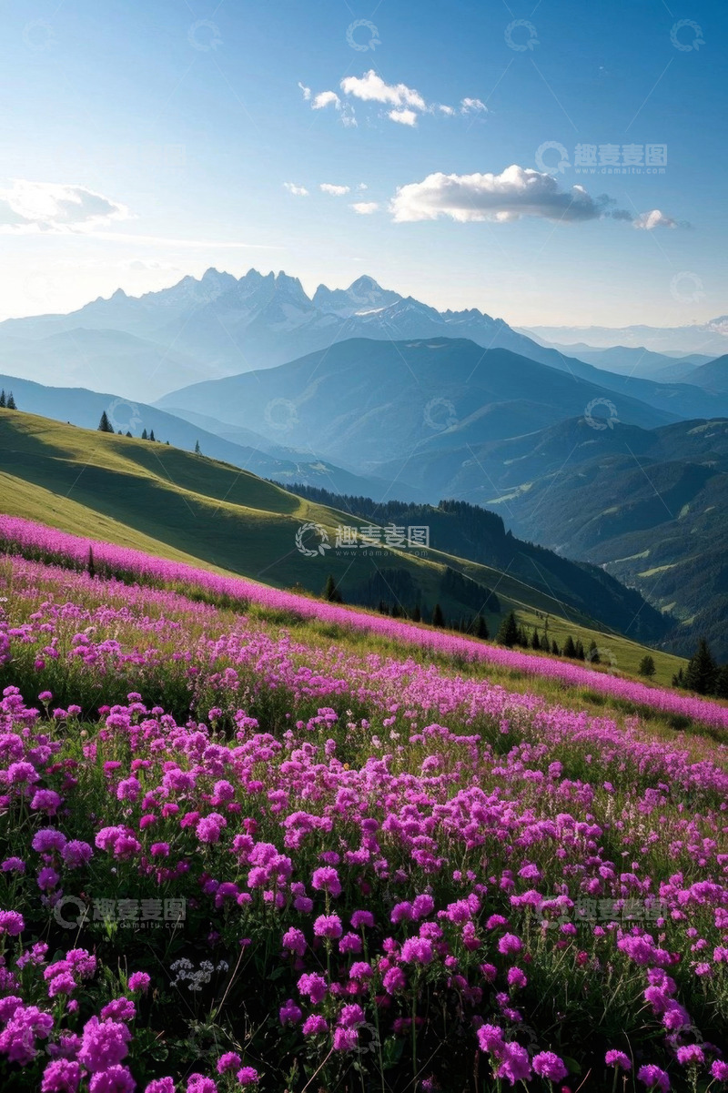 高清大图下载【趣麦麦图】山坡紫色花海与远山风景