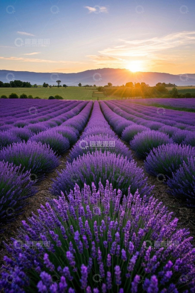 高清大图下载【趣麦麦图】夕阳下的紫色薰衣草花田