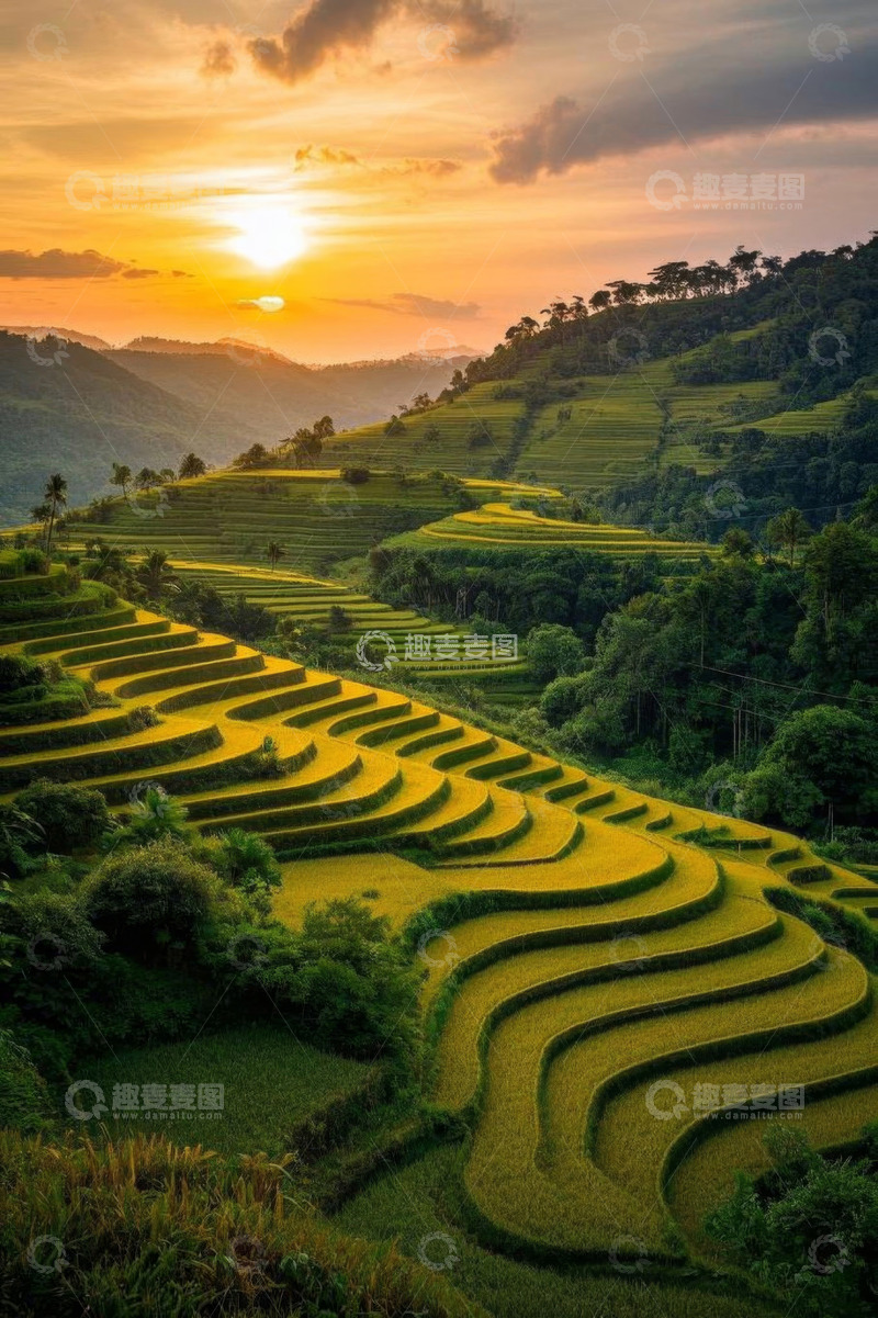 高清大图下载【趣麦麦图】日落时分的梯田自然风光