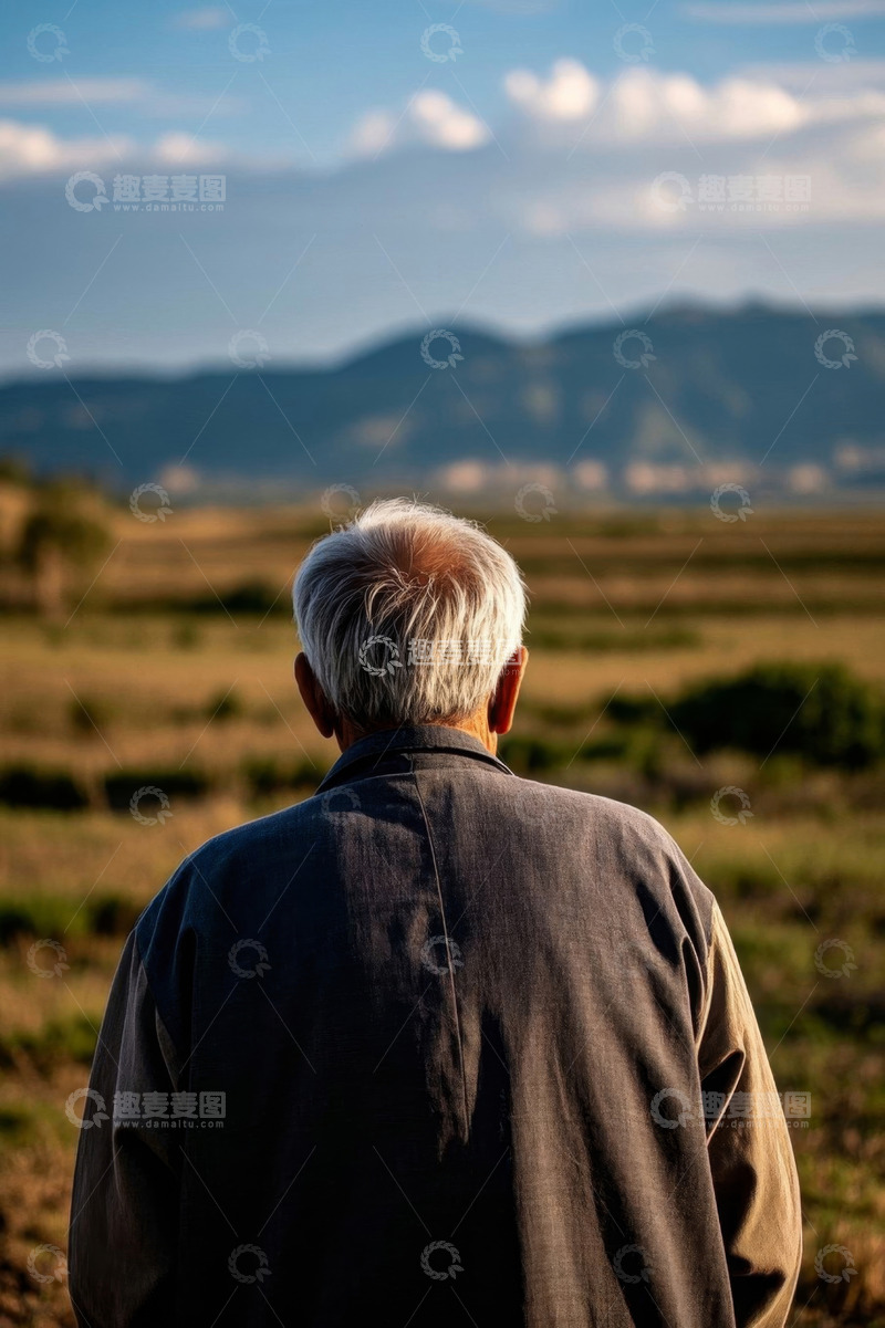 高清大图下载【趣麦麦图】老人背影眺望远方田野