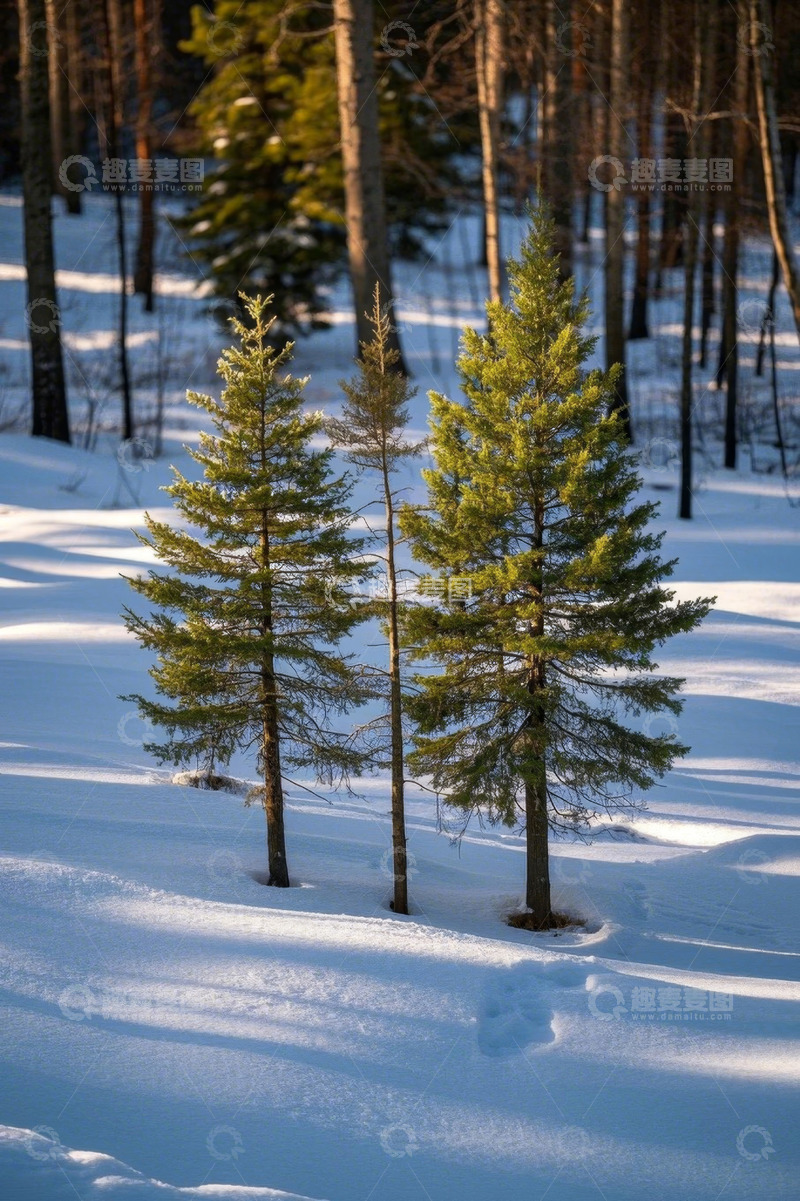 高清大图下载【趣麦麦图】雪地中的三棵松树景观