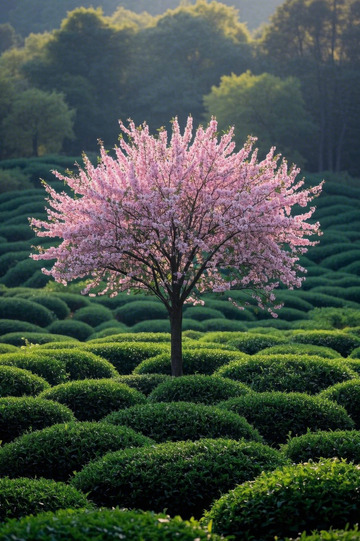 茶园中盛开的粉色樱花树