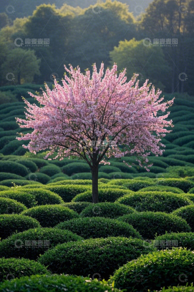 高清大图下载【趣麦麦图】茶园中盛开的粉色樱花树