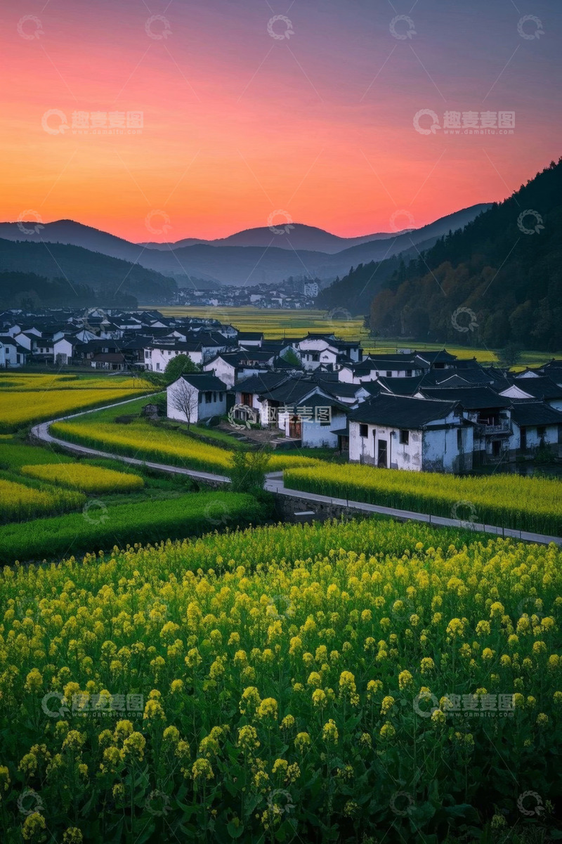 高清大图下载【趣麦麦图】乡村田园油菜花与民居风景