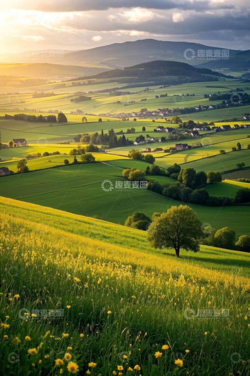 高清大图下载【趣麦麦图】乡村田野夕阳下的自然景观