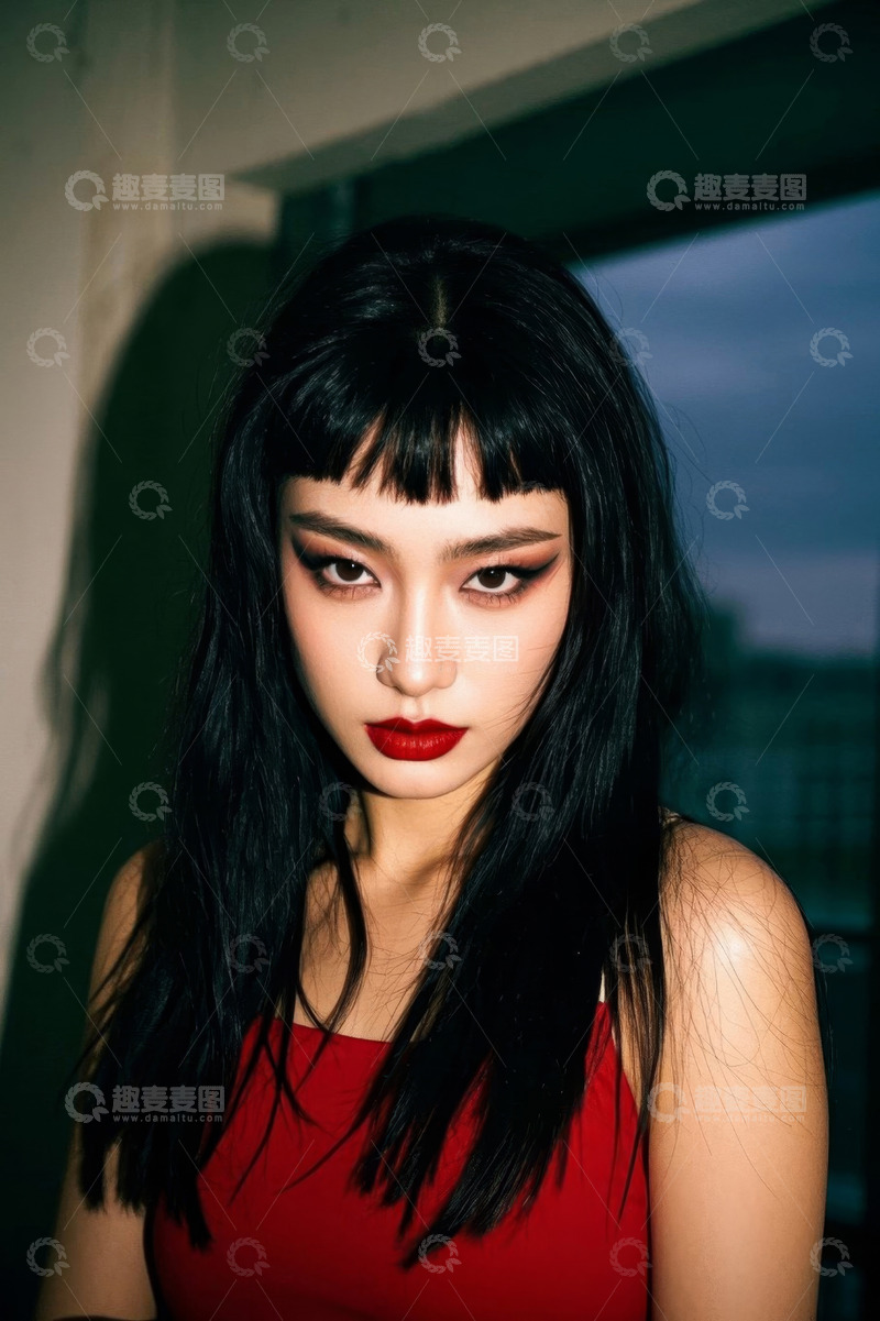 高清大图下载【趣麦麦图】红唇黑发女子时尚写真
