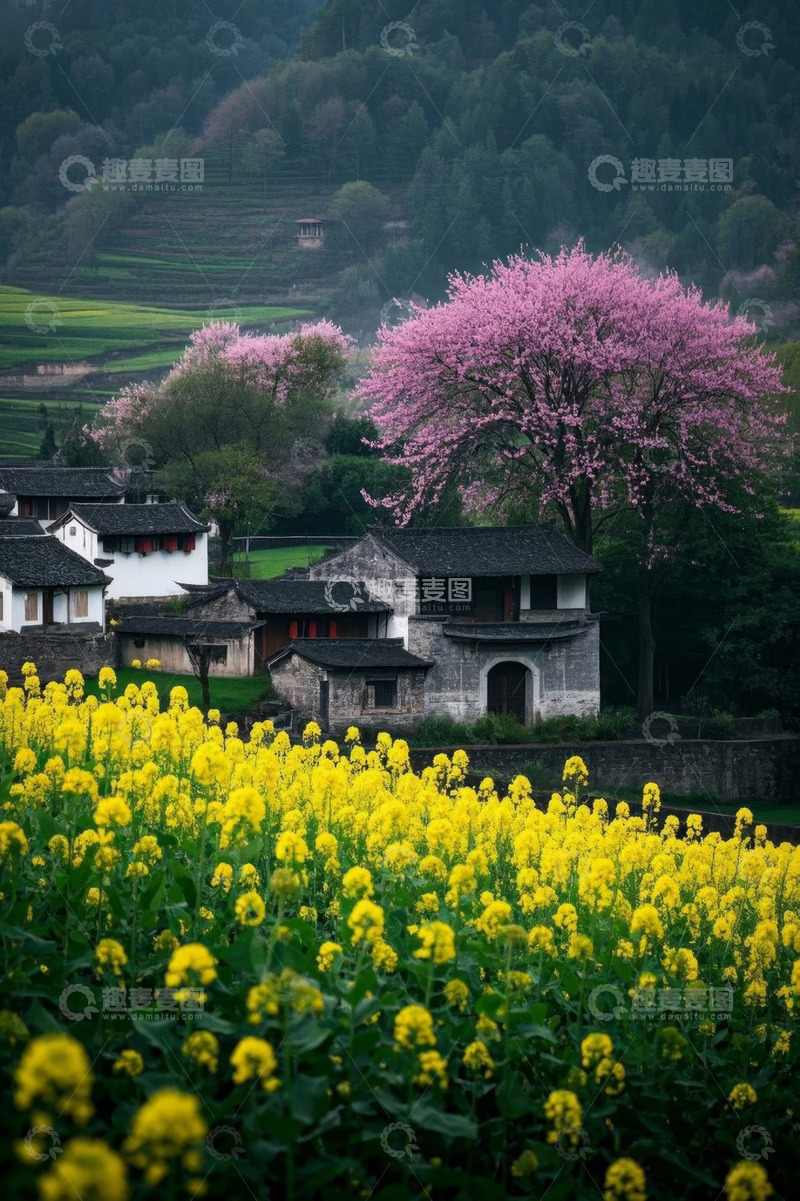 高清大图下载【趣麦麦图】乡村油菜花海与古建筑春景