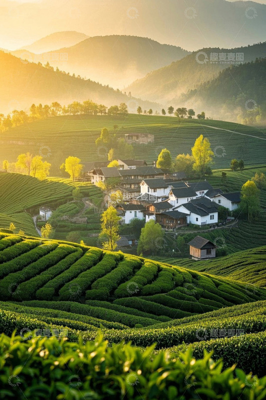 山间茶园村庄风光