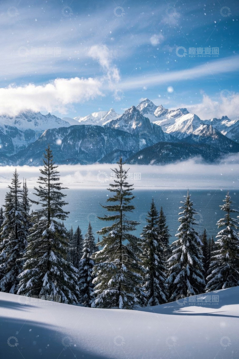 高清大图下载【趣麦麦图】雪山下的雪景与森林景观