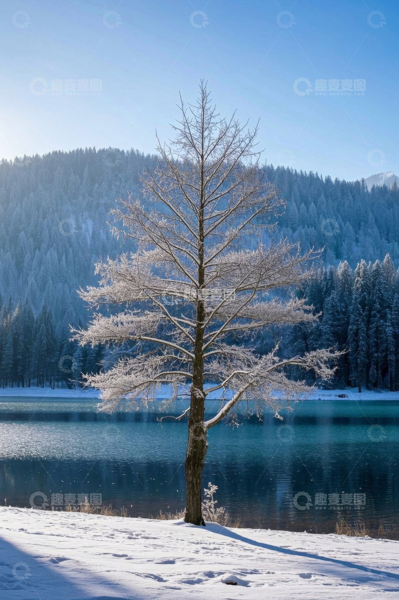 高清大图下载【趣麦麦图】雪后湖边孤树与森林景观