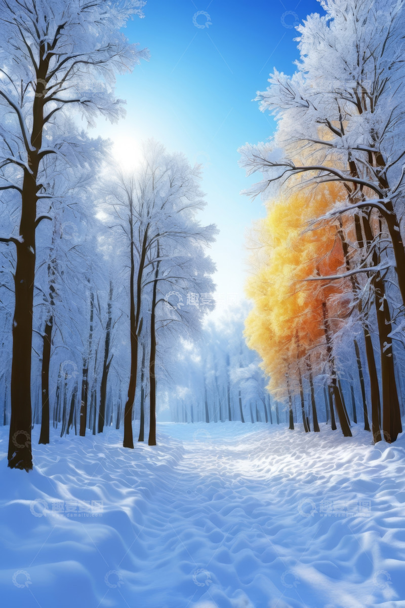 高清大图下载【趣麦麦图】冬日雪覆森林阳光景象