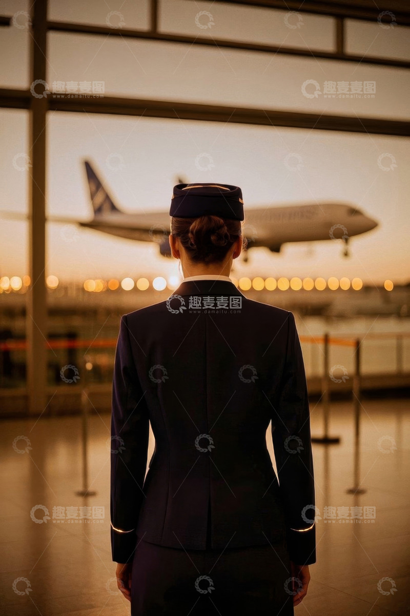 高清大图下载【趣麦麦图】空姐背影黄昏机场飞机