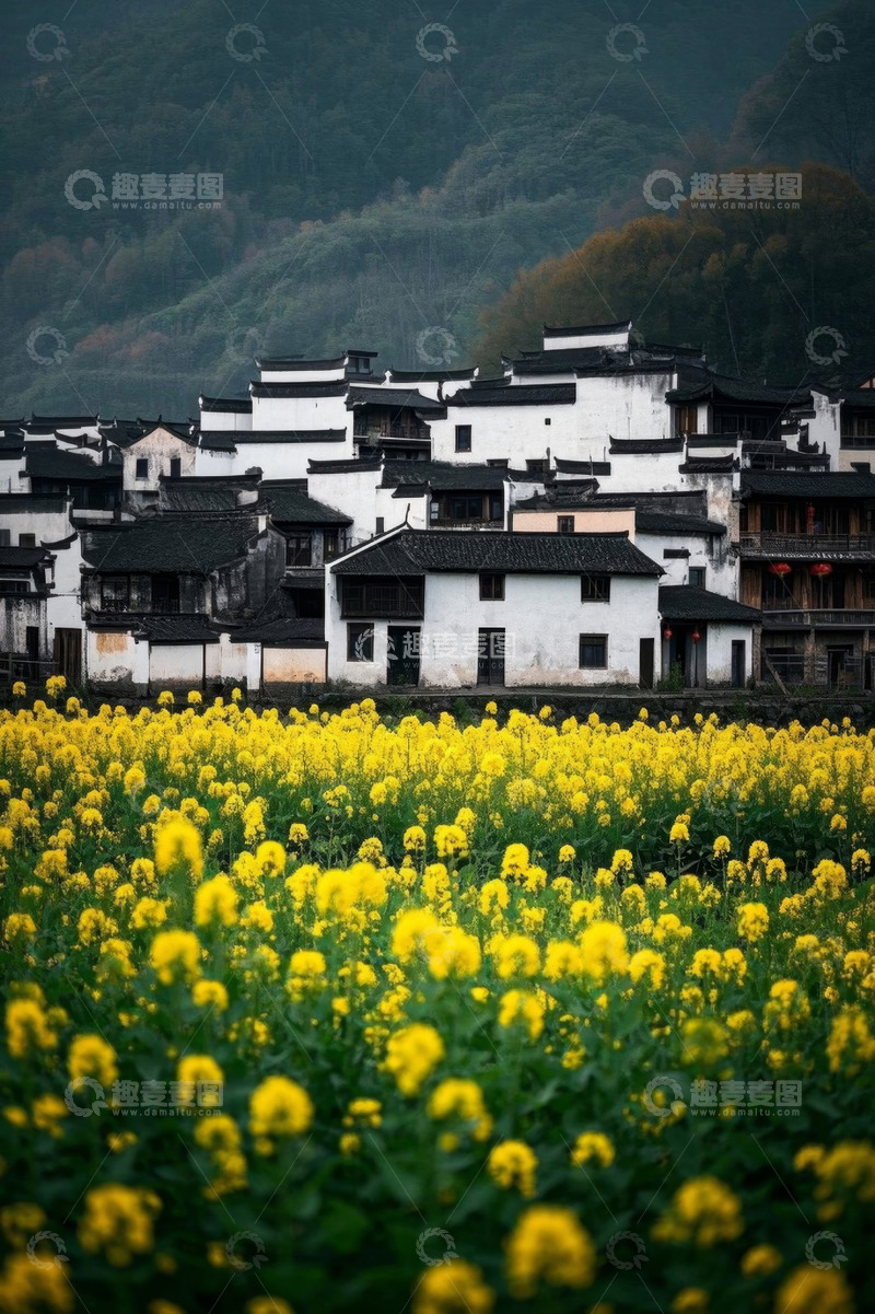 高清大图下载【趣麦麦图】婺源油菜花田旁的徽派村落