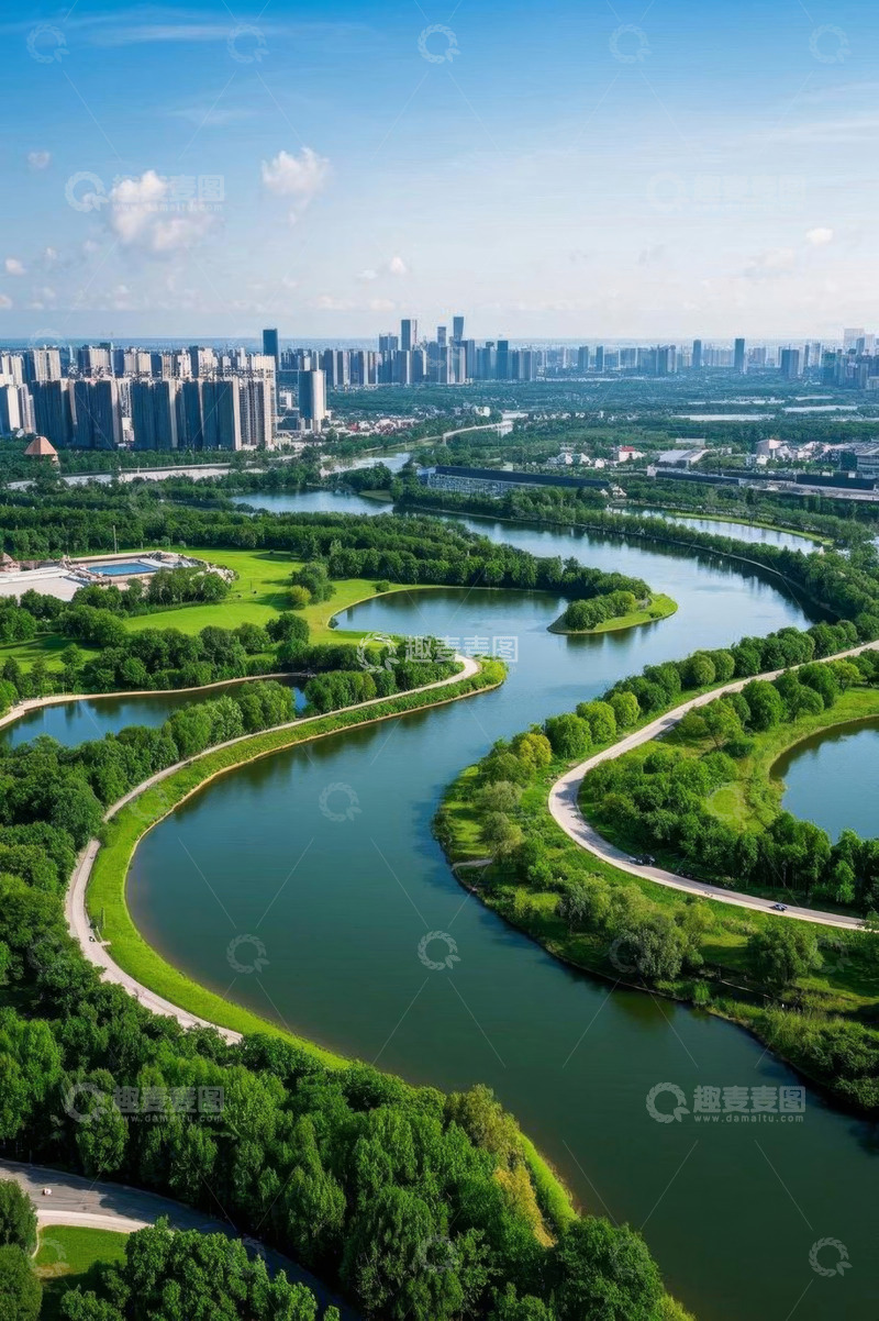 高清大图下载【趣麦麦图】城市河流与绿地鸟瞰景观