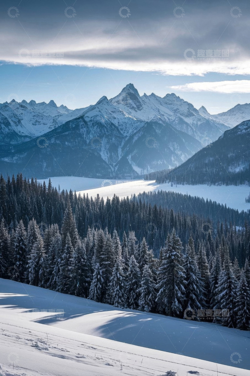 高清大图下载【趣麦麦图】雪覆山林与远山的冬日景象