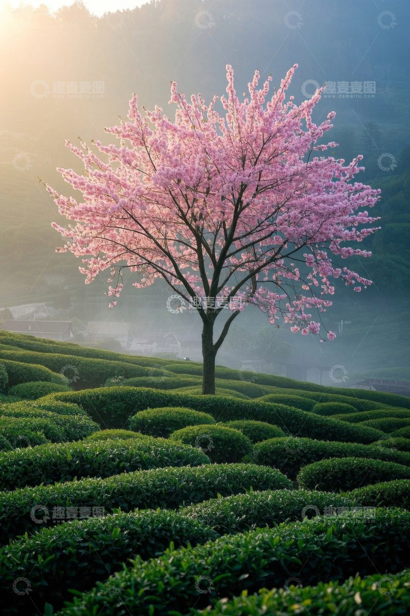 高清大图下载【趣麦麦图】茶园中盛开的樱花树