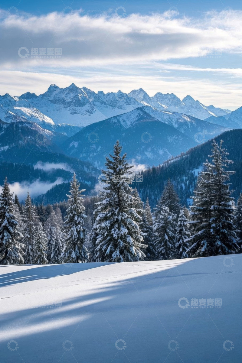 高清大图下载【趣麦麦图】雪山下的雪松林冬季风光