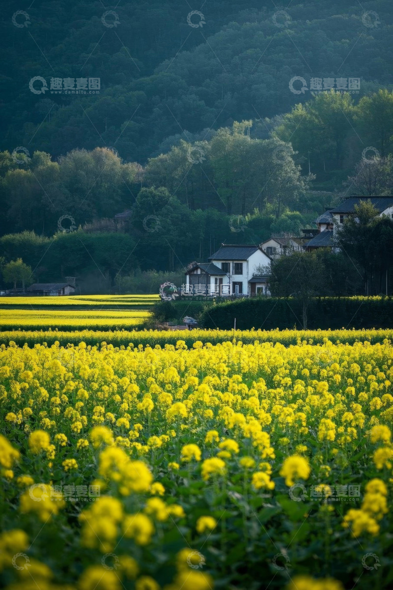 高清大图下载【趣麦麦图】田园油菜花田与民居风景