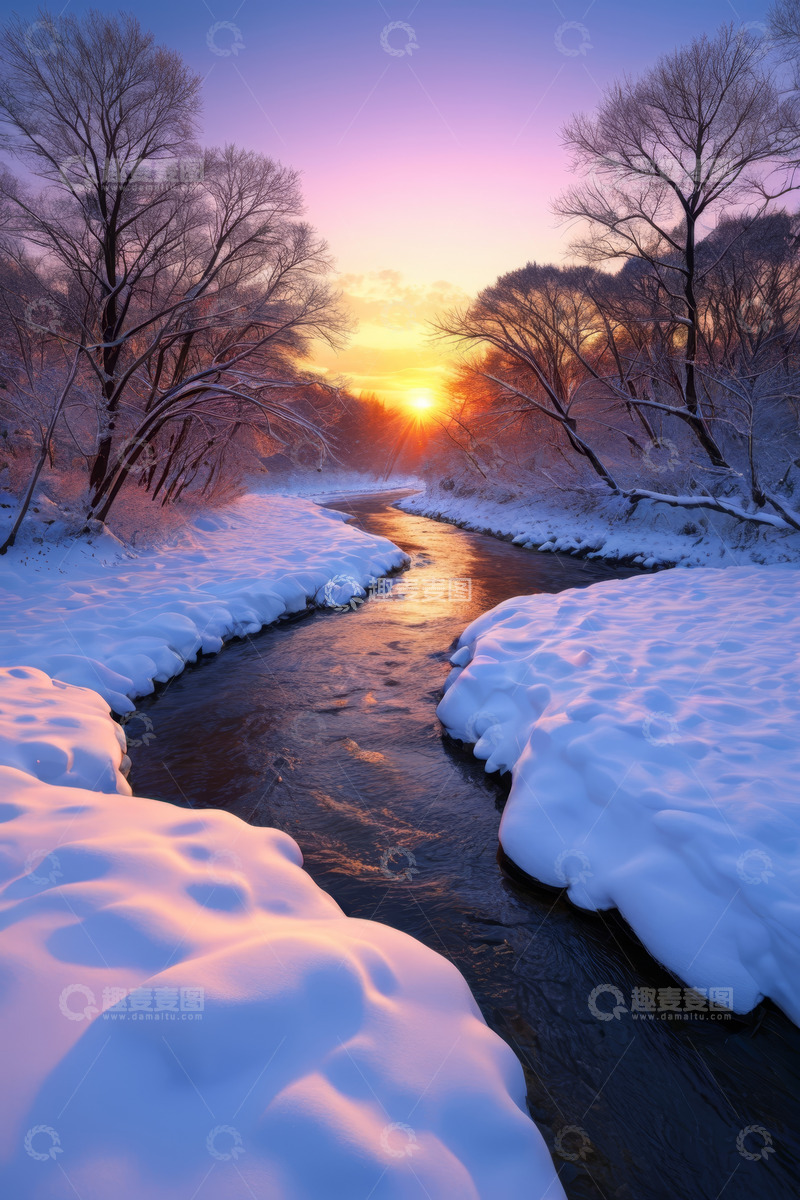 高清大图下载【趣麦麦图】冬日河流雪景日出景象
