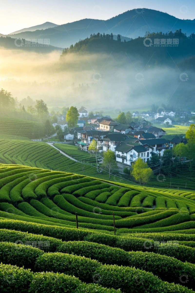 高清大图下载【趣麦麦图】山间茶园与村落风光