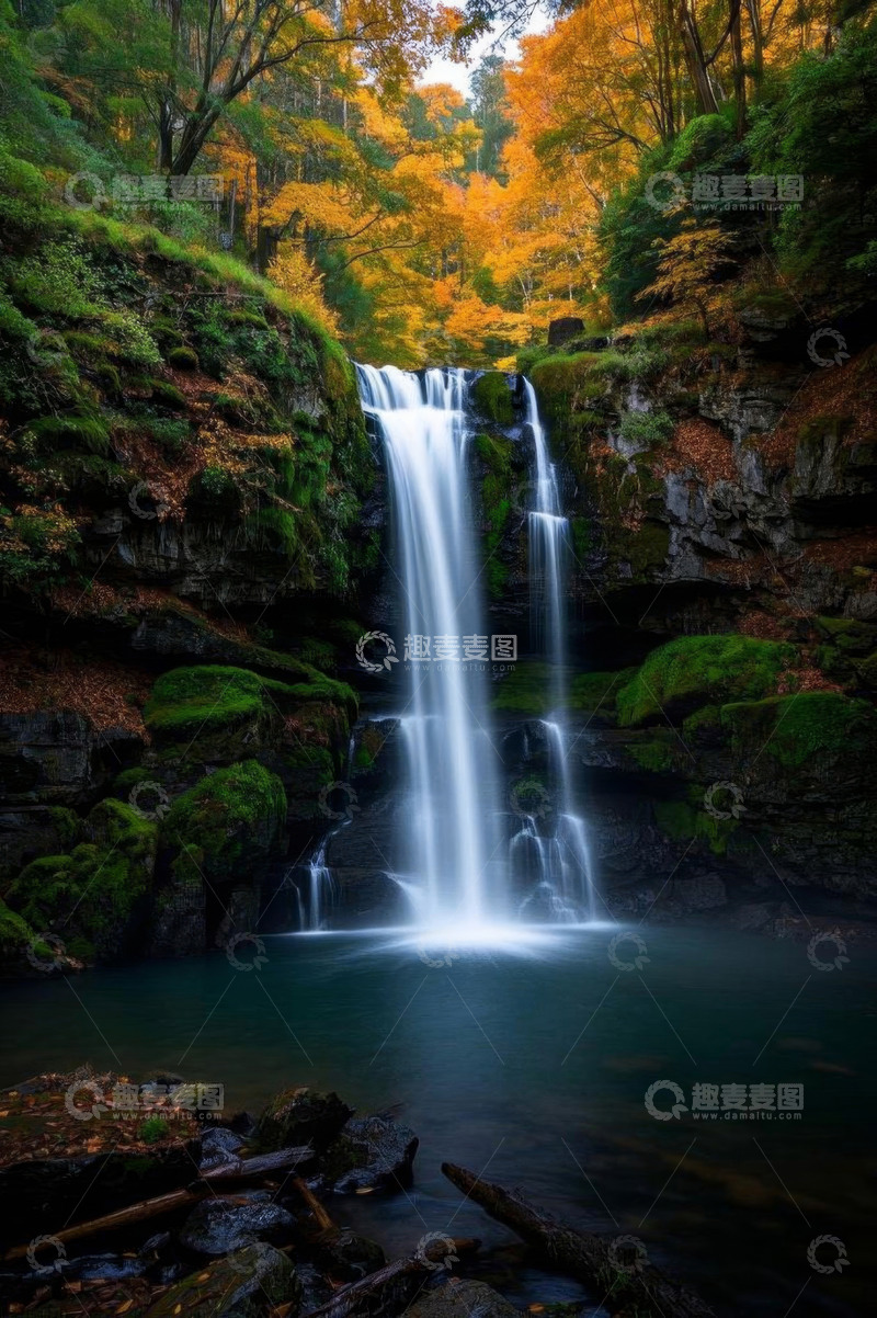 高清大图下载【趣麦麦图】秋季森林中的瀑布景观