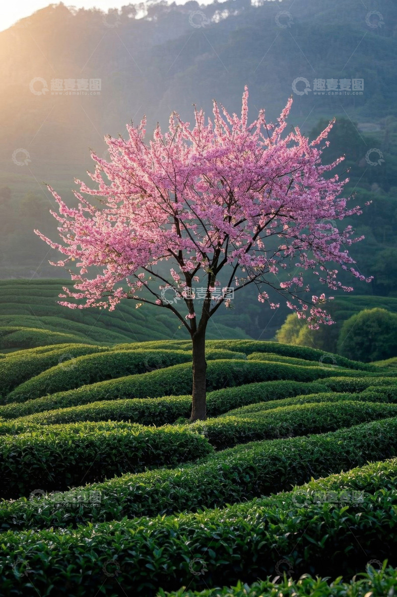 高清大图下载【趣麦麦图】茶园中的盛开樱花树