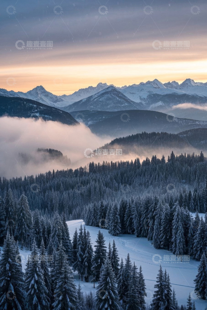 高清大图下载【趣麦麦图】雪山森林暮色自然风光