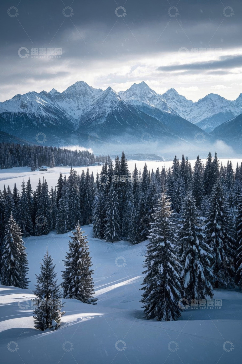 高清大图下载【趣麦麦图】雪山下的森林雪景风光
