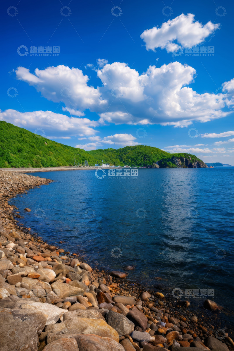 高清大图下载【趣麦麦图】海岸风光蓝天下的岩石与青山