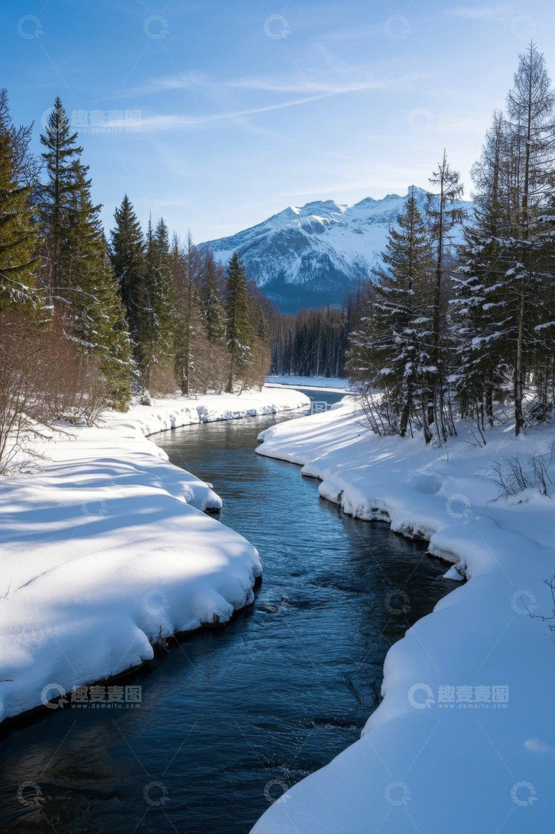 高清大图下载【趣麦麦图】冬日雪覆河流与森林景观