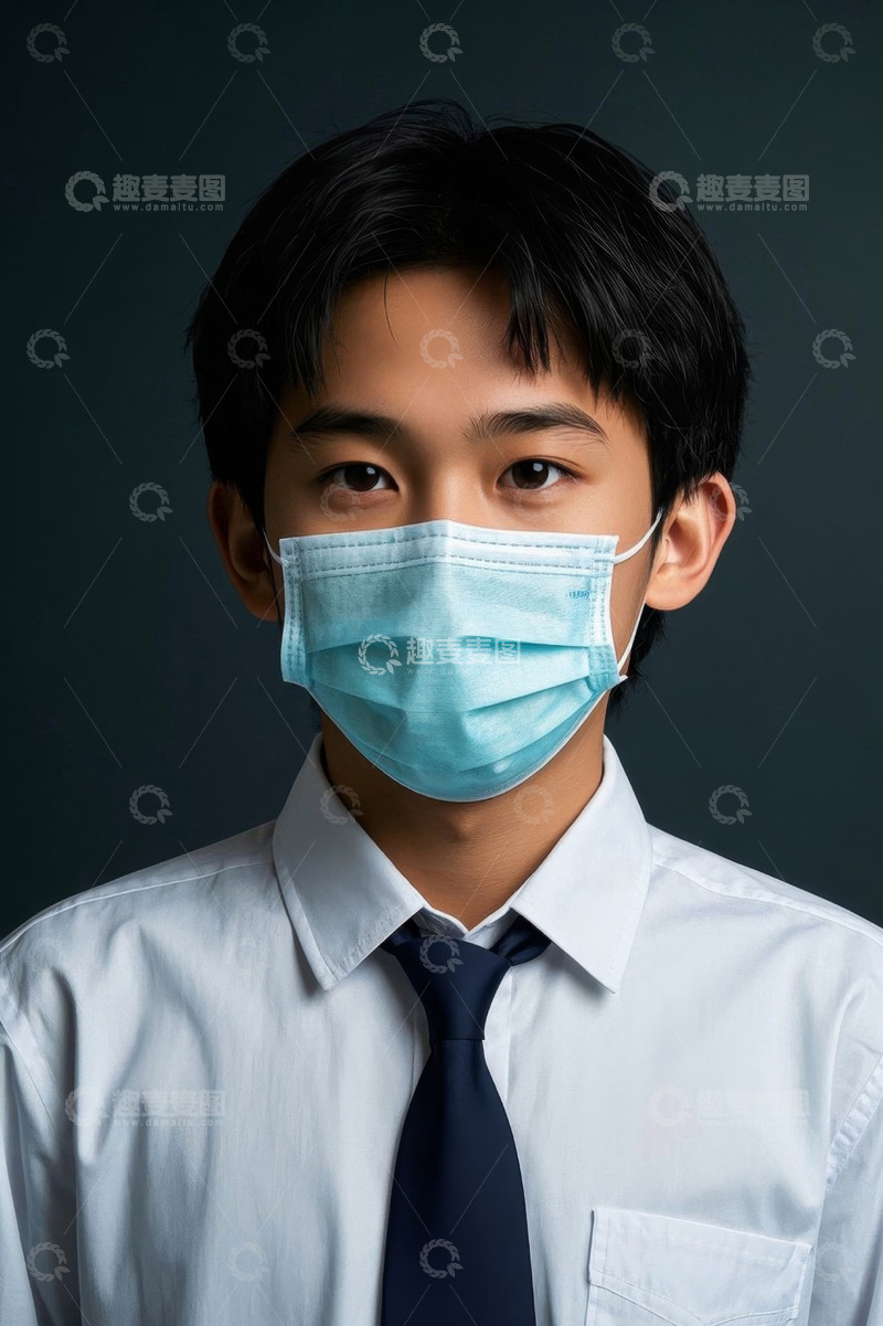 高清大图下载【趣麦麦图】戴口罩的男孩正襟危坐