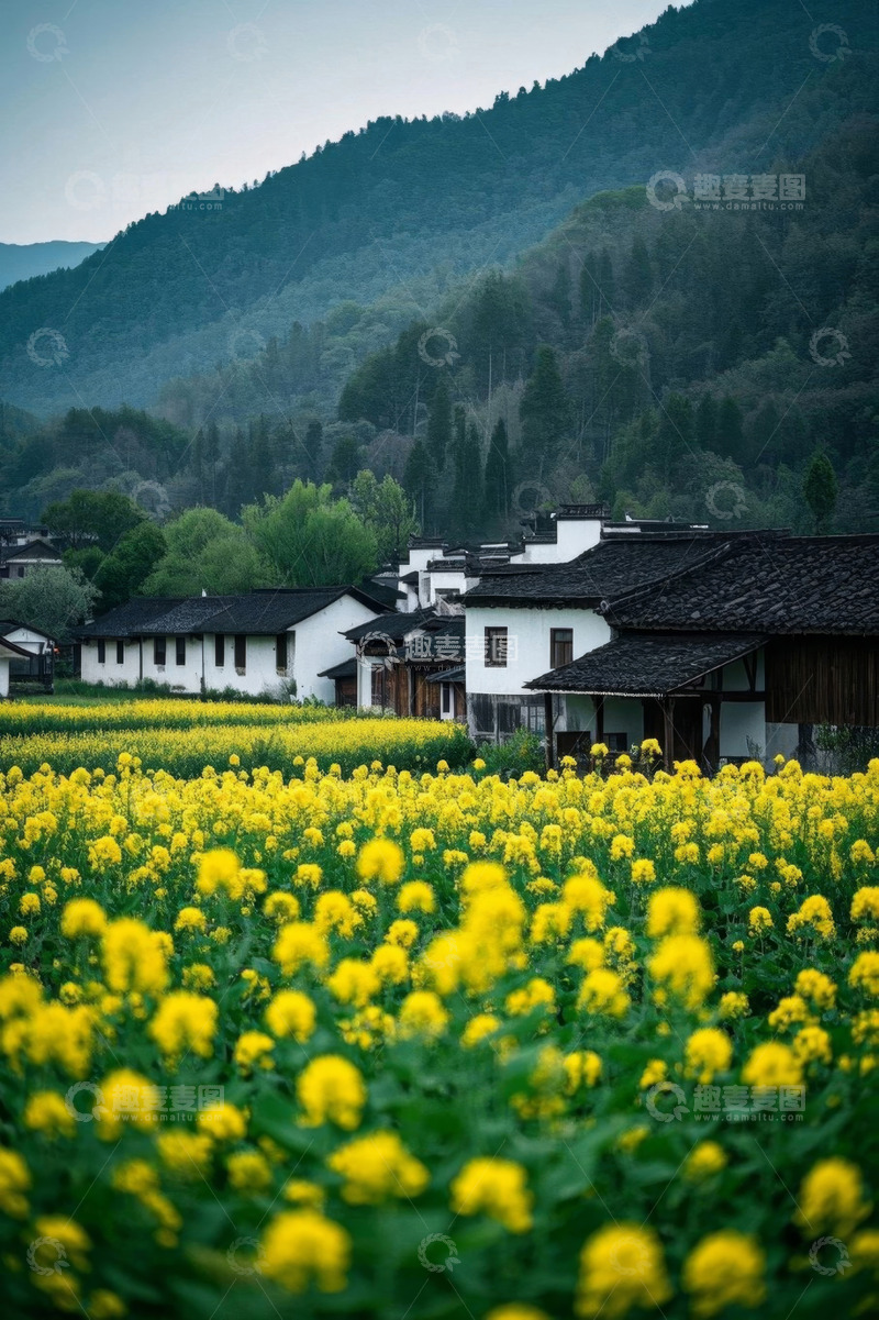 高清大图下载【趣麦麦图】乡村油菜花田与白墙黑瓦民居