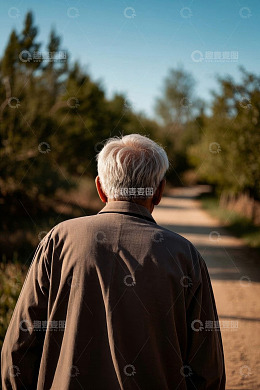 老人背影乡村小路散步