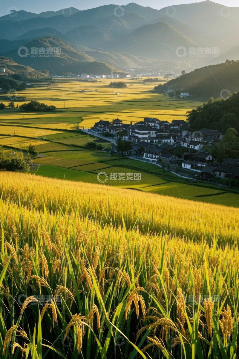 高清大图下载【趣麦麦图】田园村庄与金黄稻田景观